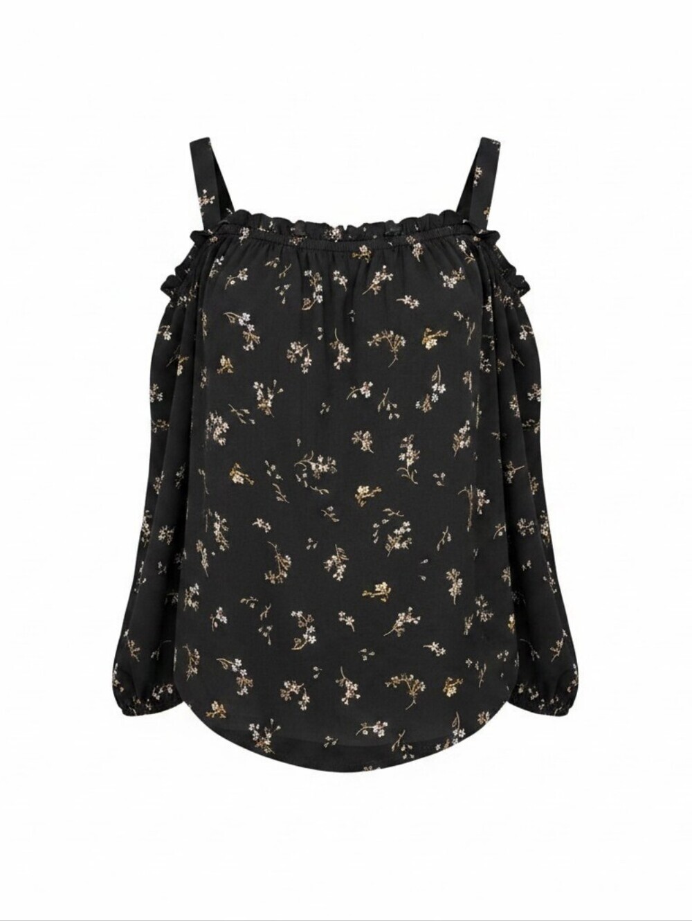 H&M Black Floral Cute Stylish Womens Wide Strapped Blouse Size 12 Ruffle Edge